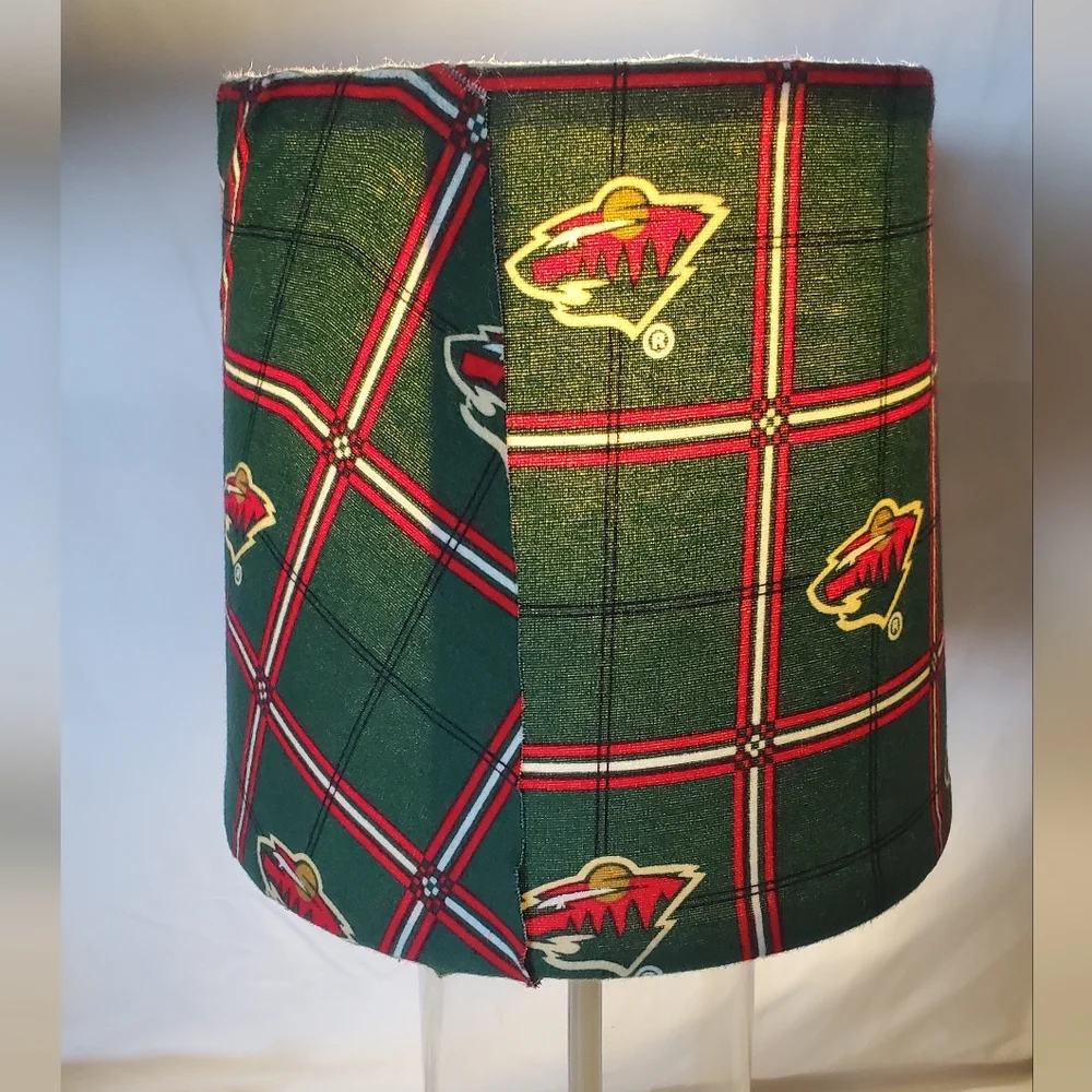 Minnesota Wild Green Plaid Table Lamp  Logo Fabric Shade Chrome Glass Base NHL